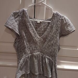 White Cap Sleeve Peplum Blouse with Gingham Pattern